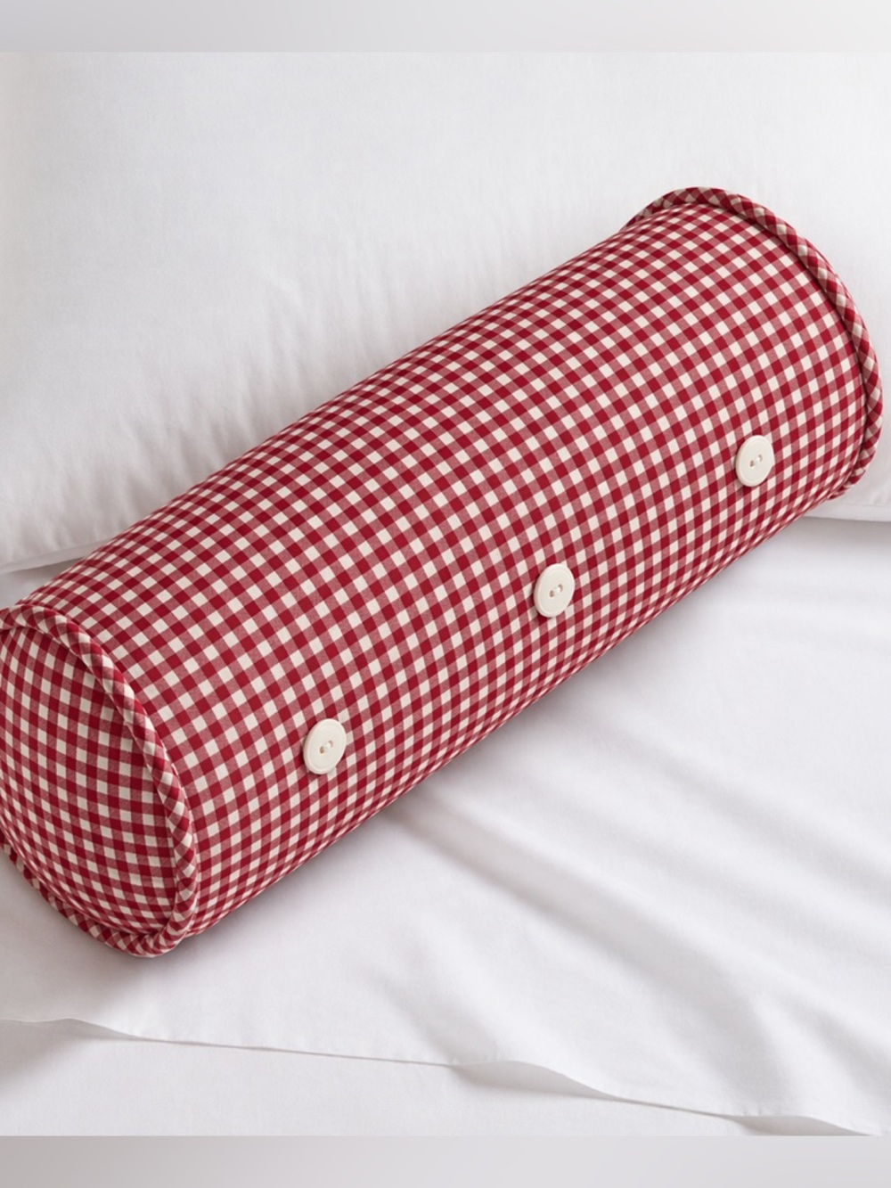NWT Pottery Barn Kids Red White Gingham Bolster Roll Pillow 6½” x 16” Cottage